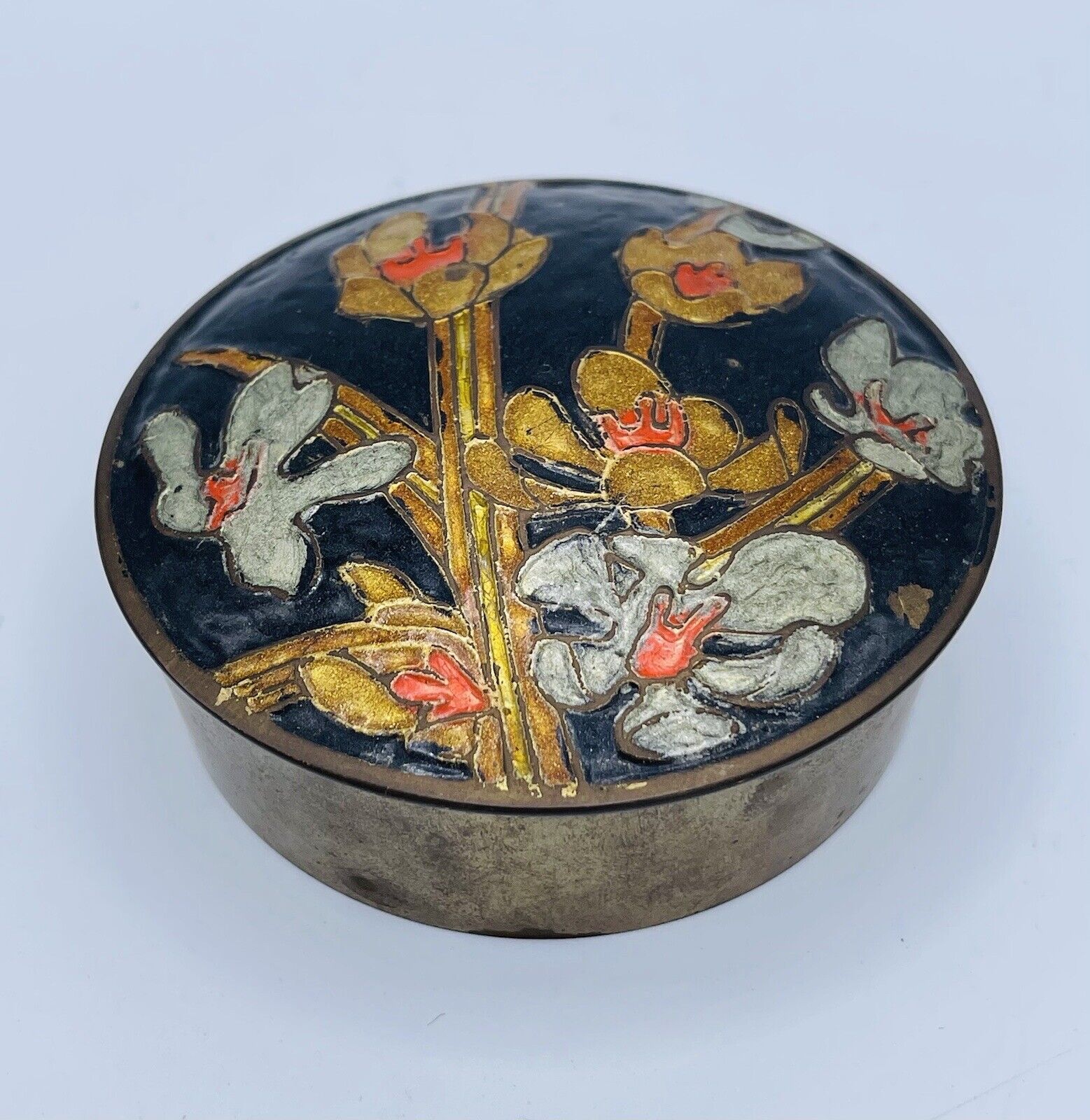Antique 1970s Brass Hand Painted Floral Potpourri Trinket Box From India