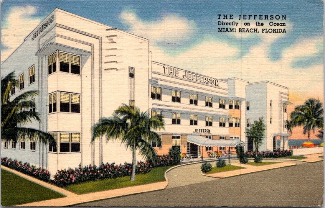 Miami Beach FL Jefferson Hotel Exterior Florida Linen c1940 postcard FP3