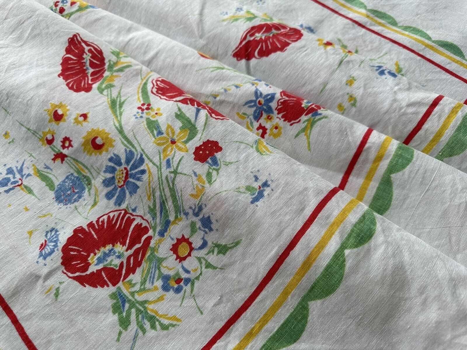 Vintage Bright Print White Linen Tablecloth 54X51 Red Poppies Blue Yellow Green
