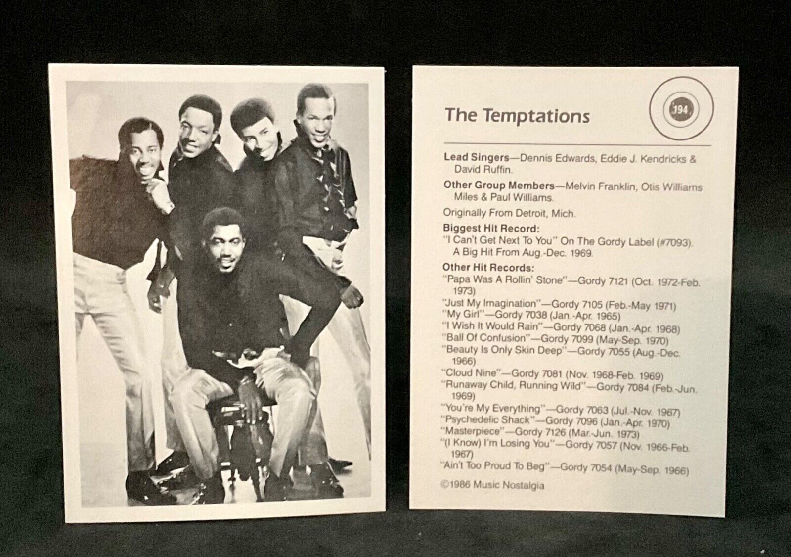 The Temptations 1986 Music Nostalgia Trading Card #194 NM-MT)