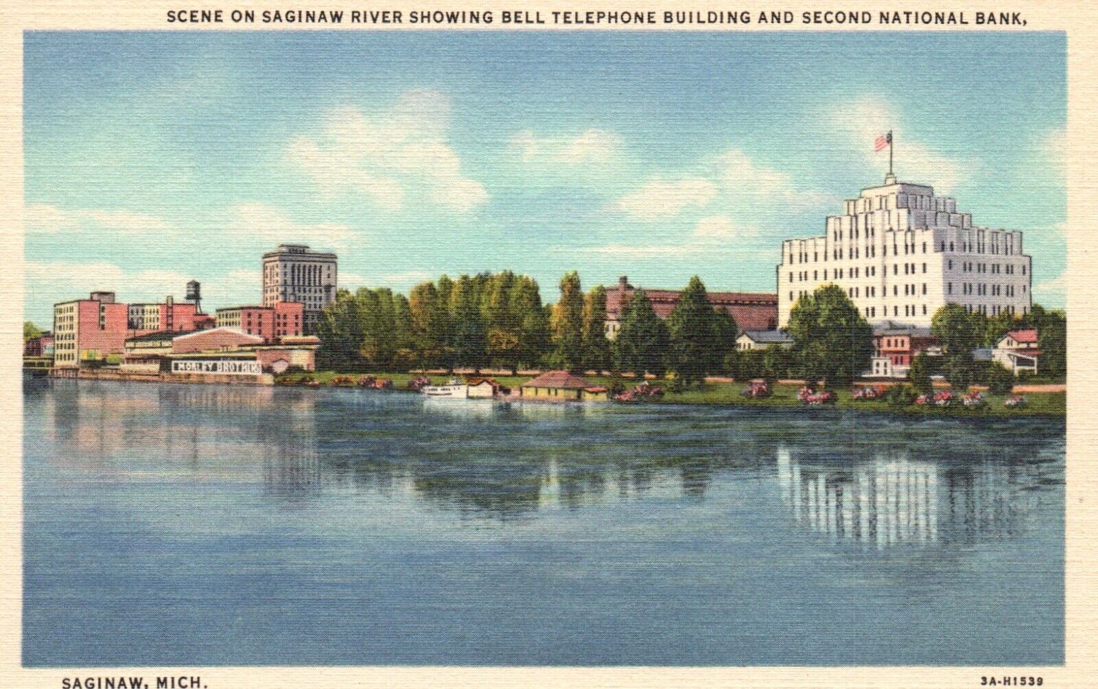 Postcard MI Saginaw River Bell Telephone 2nd National Bank 1933 Vintage PC G2083