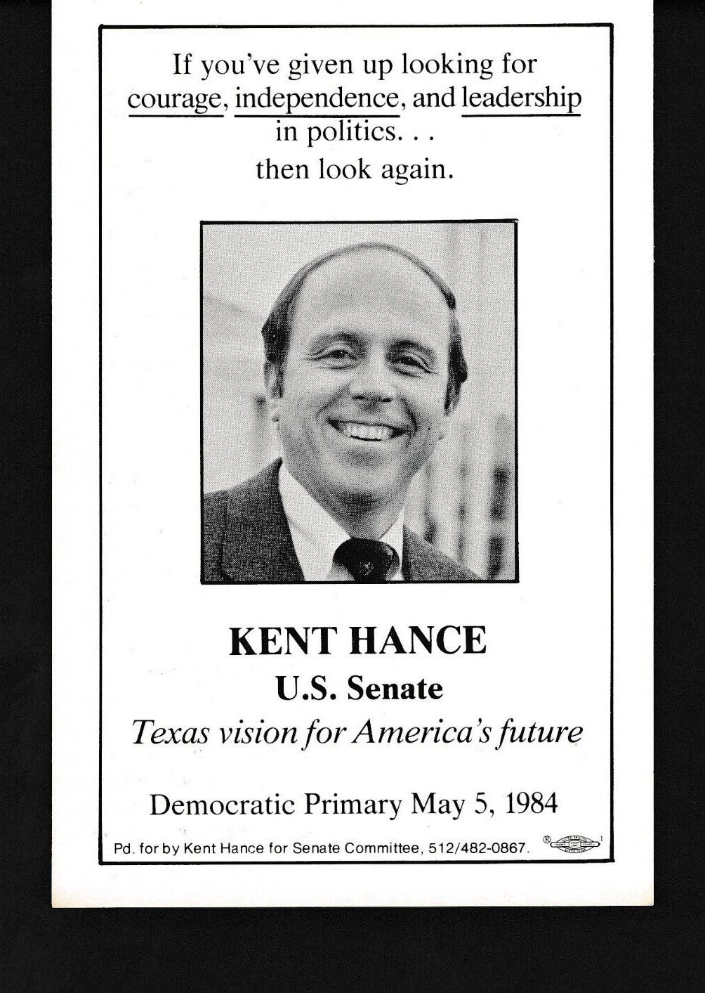 1984 Kent Hance for US Senate Texas TX - card