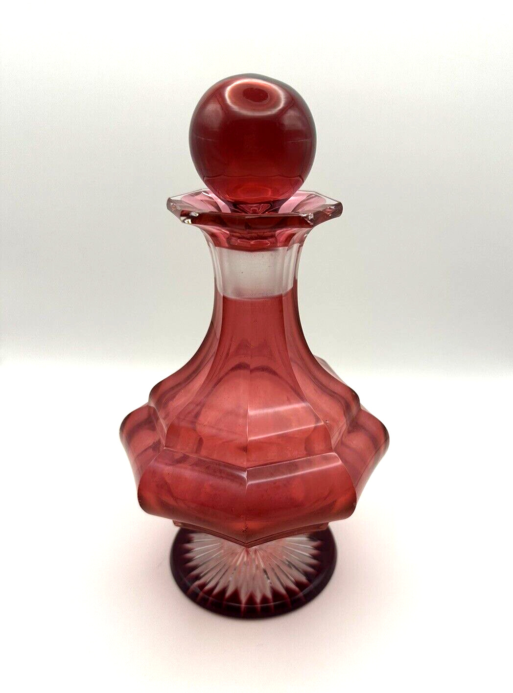 Vintage Cranberry Cut Glass Crystal Decanter With Stopper Bottle Brilliant Rare