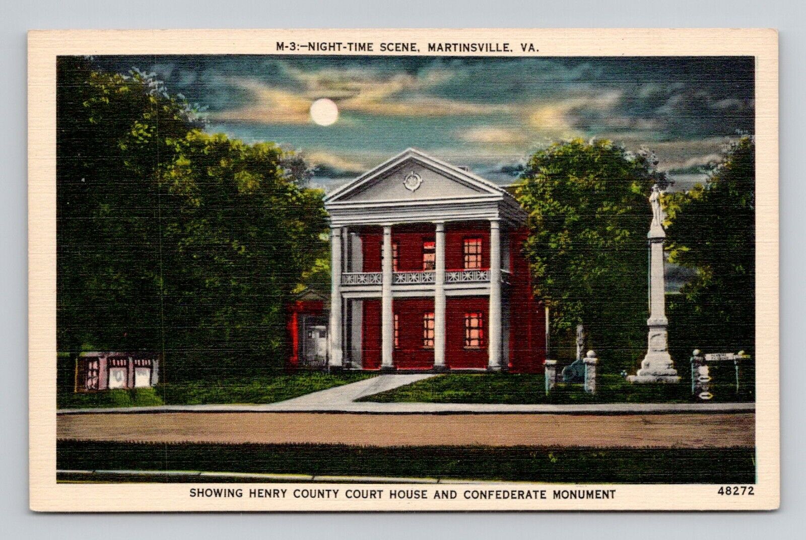 Postcard Confederate Monument at Night Martinsville Virginia, Vintage Linen K18