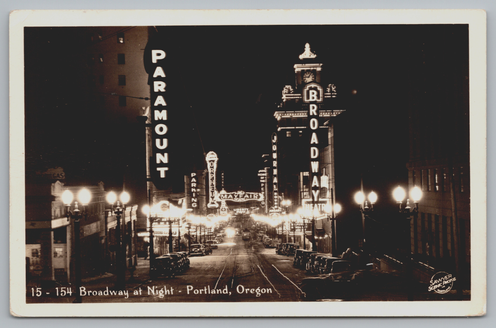 Postcard RPPC Broadway At Night Portland Oregon Cars Paramount Orpheum Mayfair