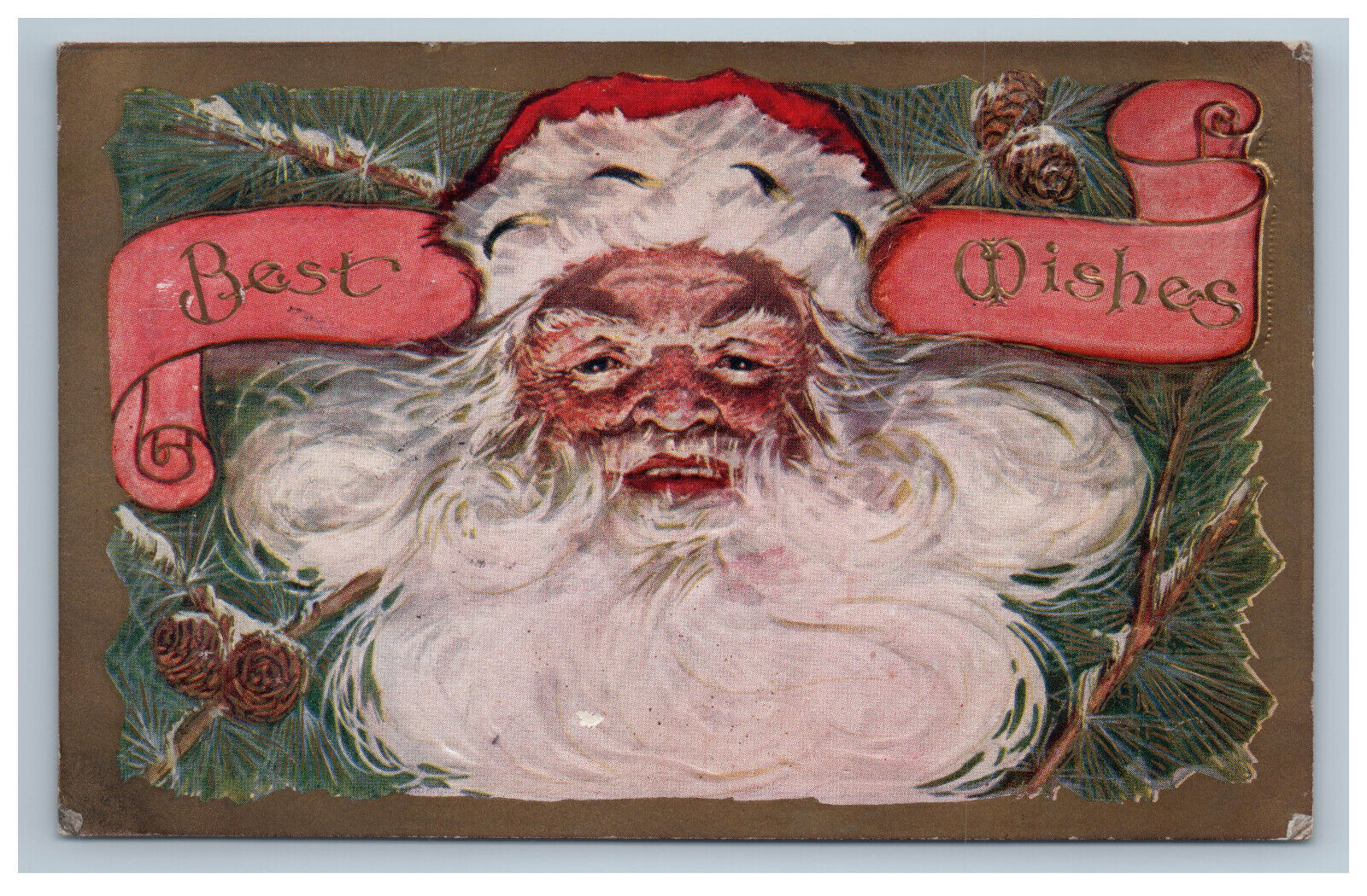 Early Santa Claus Face Christmas Best Wishes Postcard Big Beard Embossed