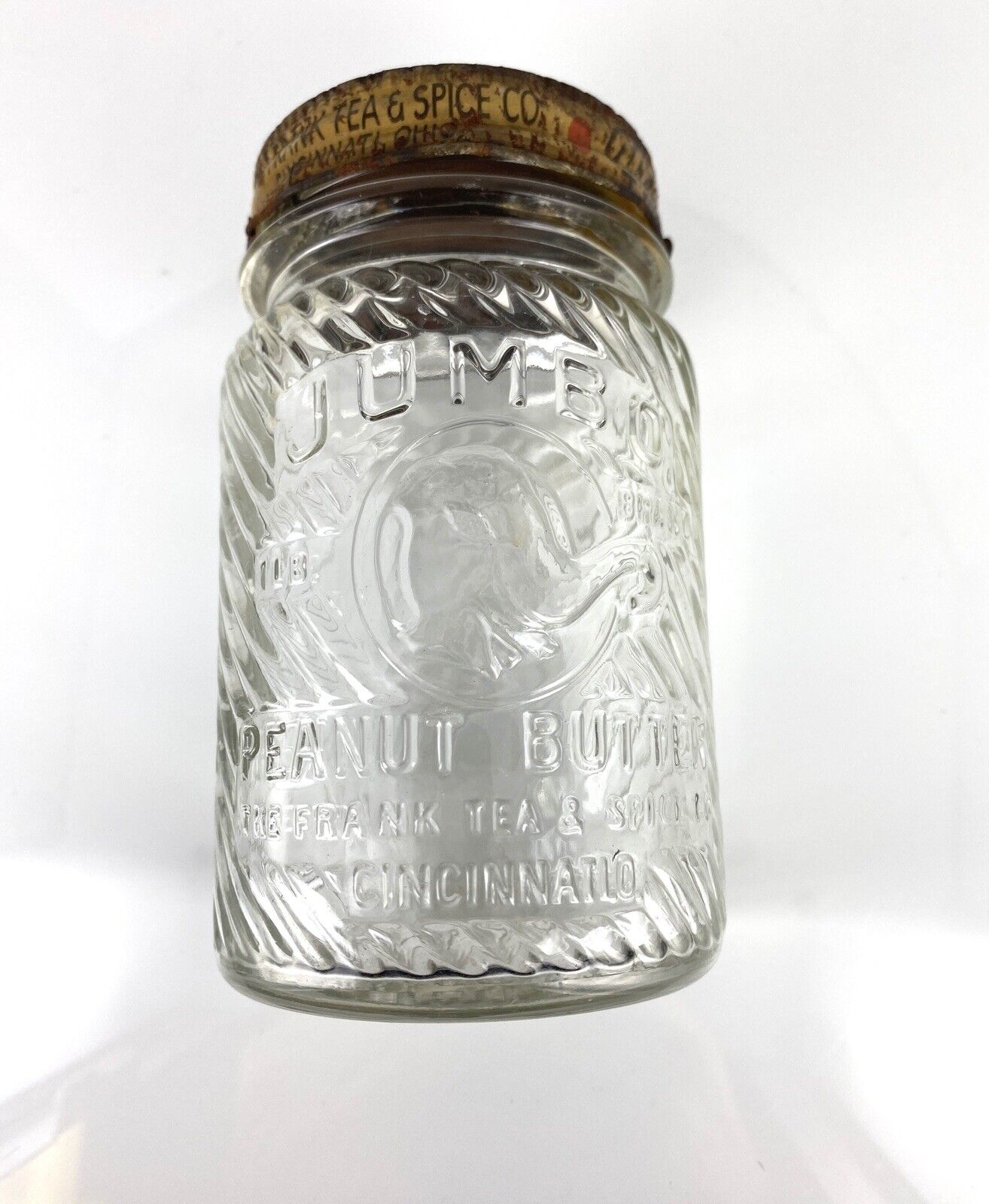 JUMBO PEANUT BUTTER JAR WITH ORIGINAL LID 1lb Frank Tea & Spice Co. Cincinnati
