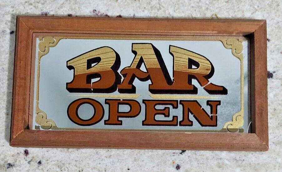 Vintage mirror Bar Open Sign Advertising Personalize Framed   8.5 x 4.5