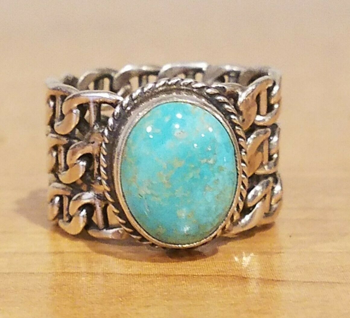 REDUCED NEW/Vintage Native American solid-link turquoise/sterling ring; 7 3/4-8