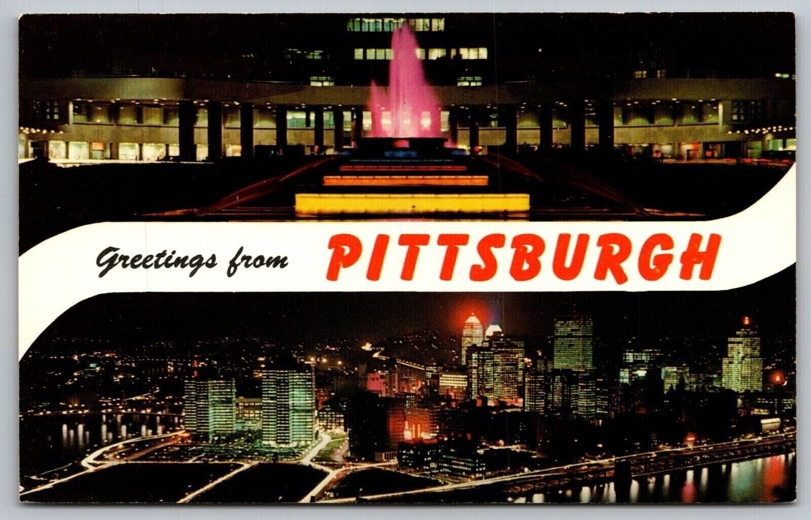 Greetings Pittsburgh Pennsylvania Fountain Multi View Skyscrapers VNG Postcard