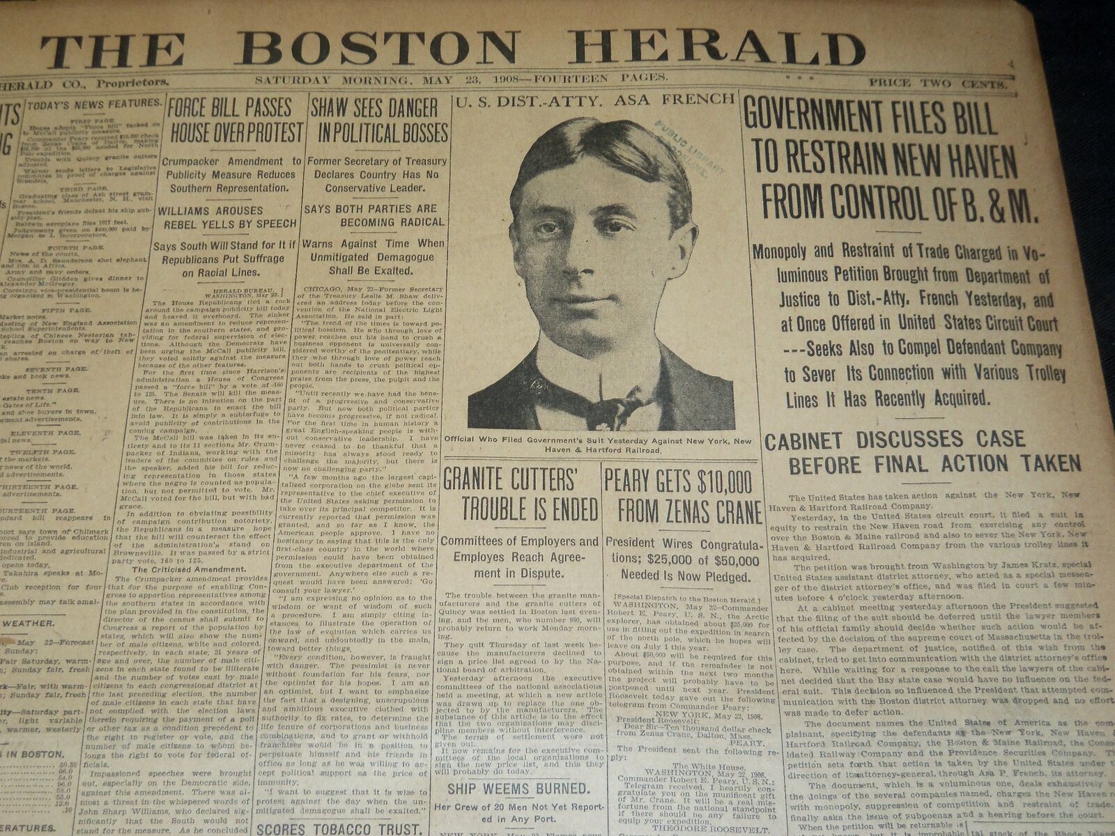 1908 MAY 23 THE BOSTON HERALD - BILL TO RESTRAIN NEW HAVEN FROM B & M - BH 73