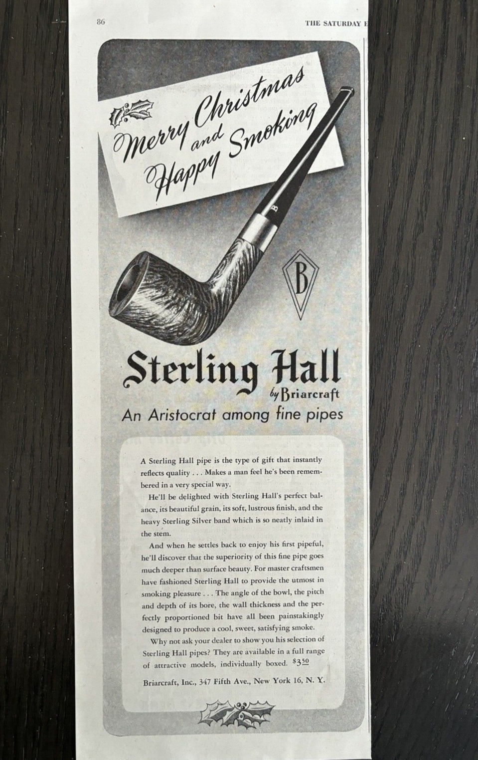 Briarcraft Pipes Sterling Hall Aristocrat Happy Smoking Vintage Print ad 1945