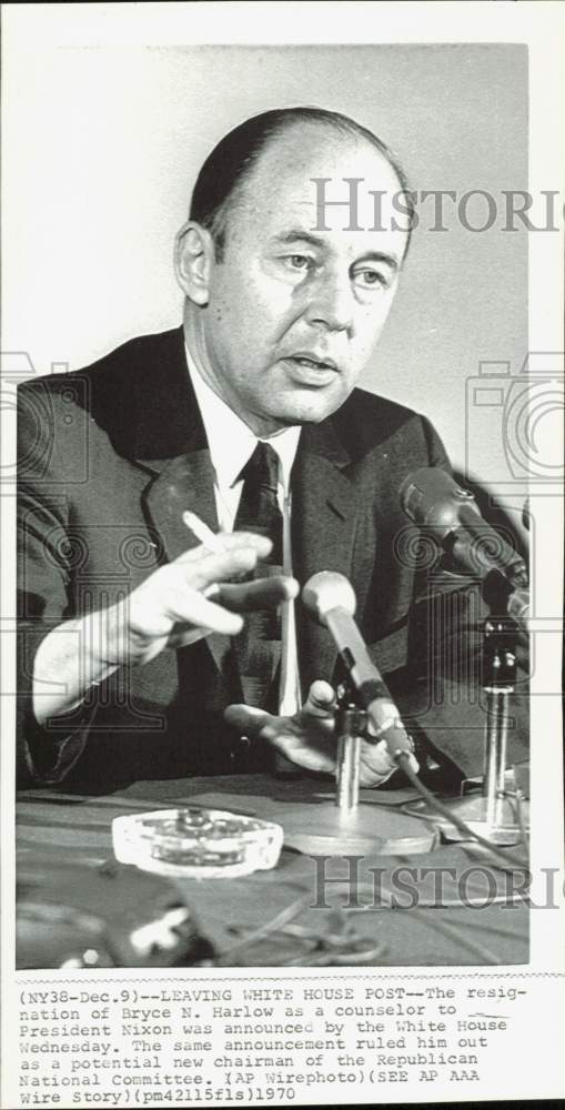 1970 Press Photo Bryce Harlow announces his resignation as Nixon\'s counselor