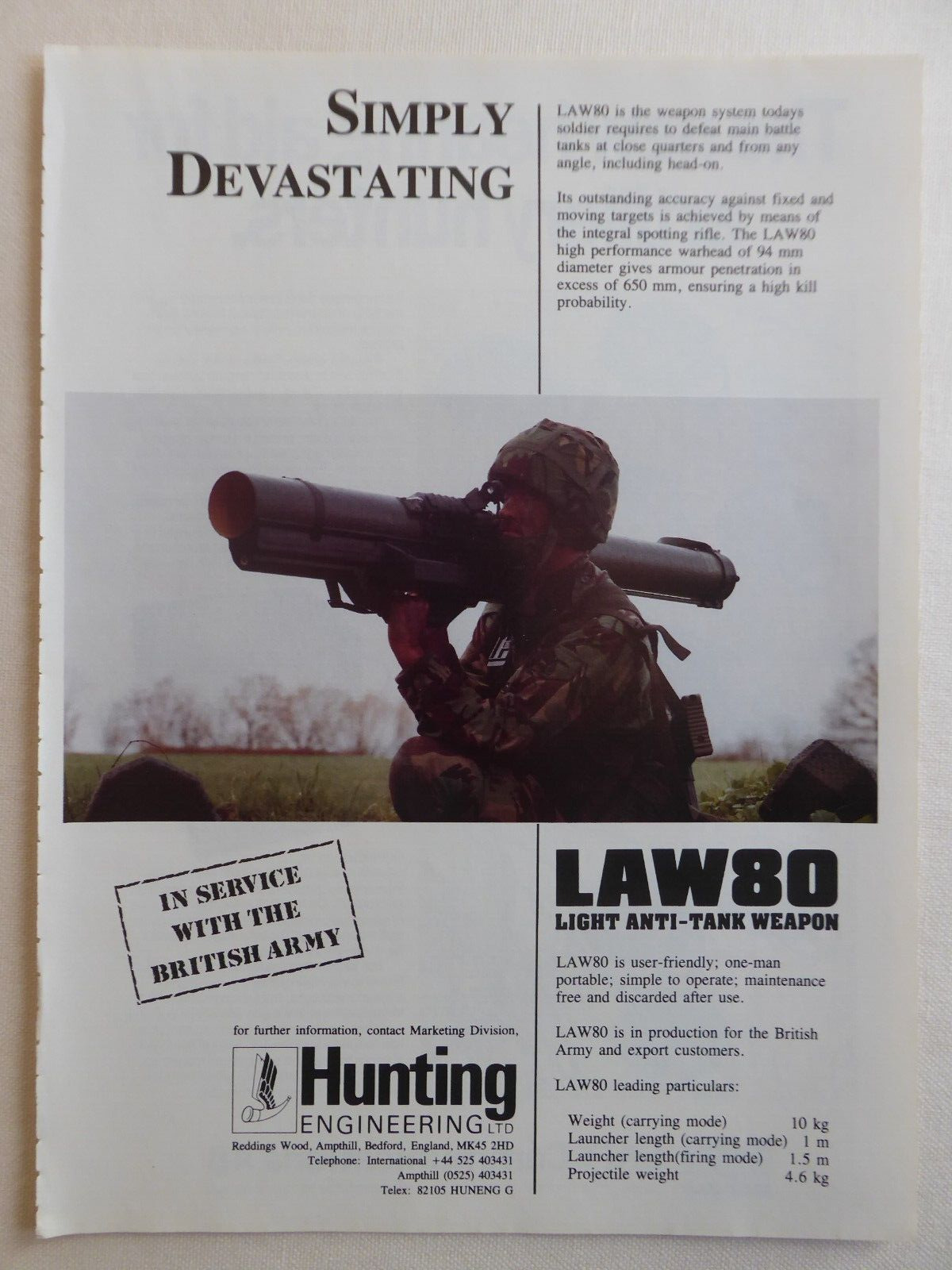 4/1988 PUB HUNTING ENGINEERING LAW80 LIGHT ANTI TANK WEAPON BRITISH ARMY AD