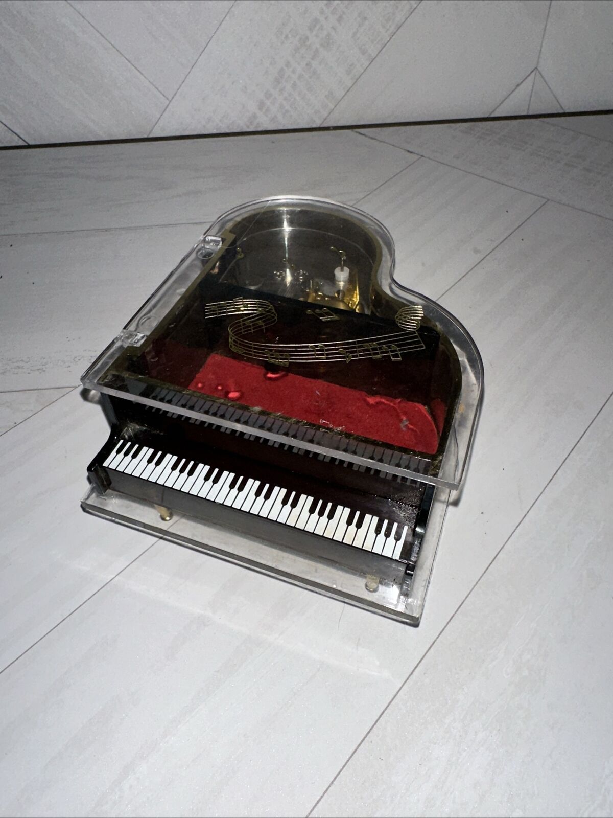 Vintage 1980's Clear Lucite Piano Music Box Works Beautiful Piece