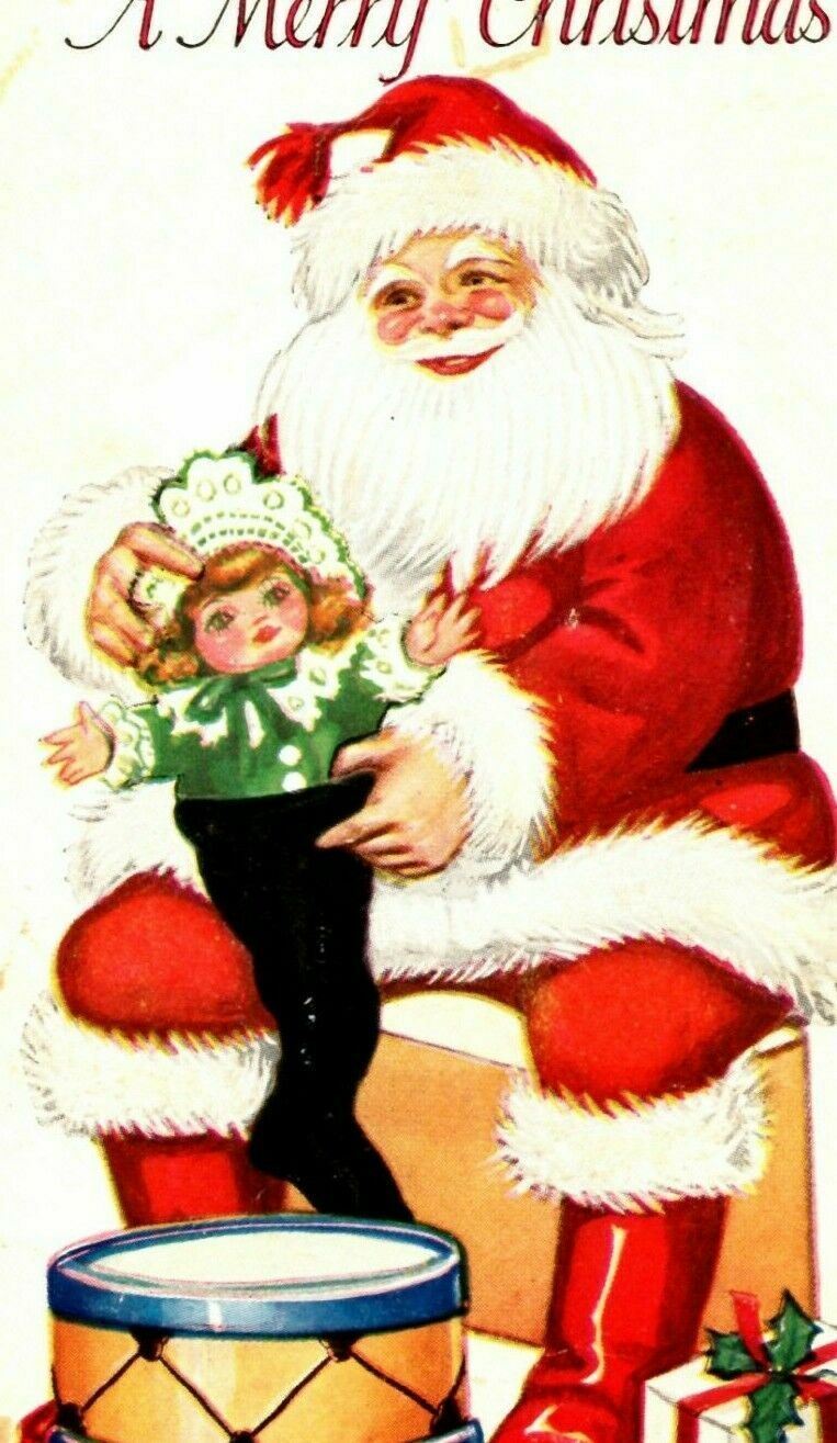 c1926  Postcard Christmas Santa Claus Holding Doll Toy Drum