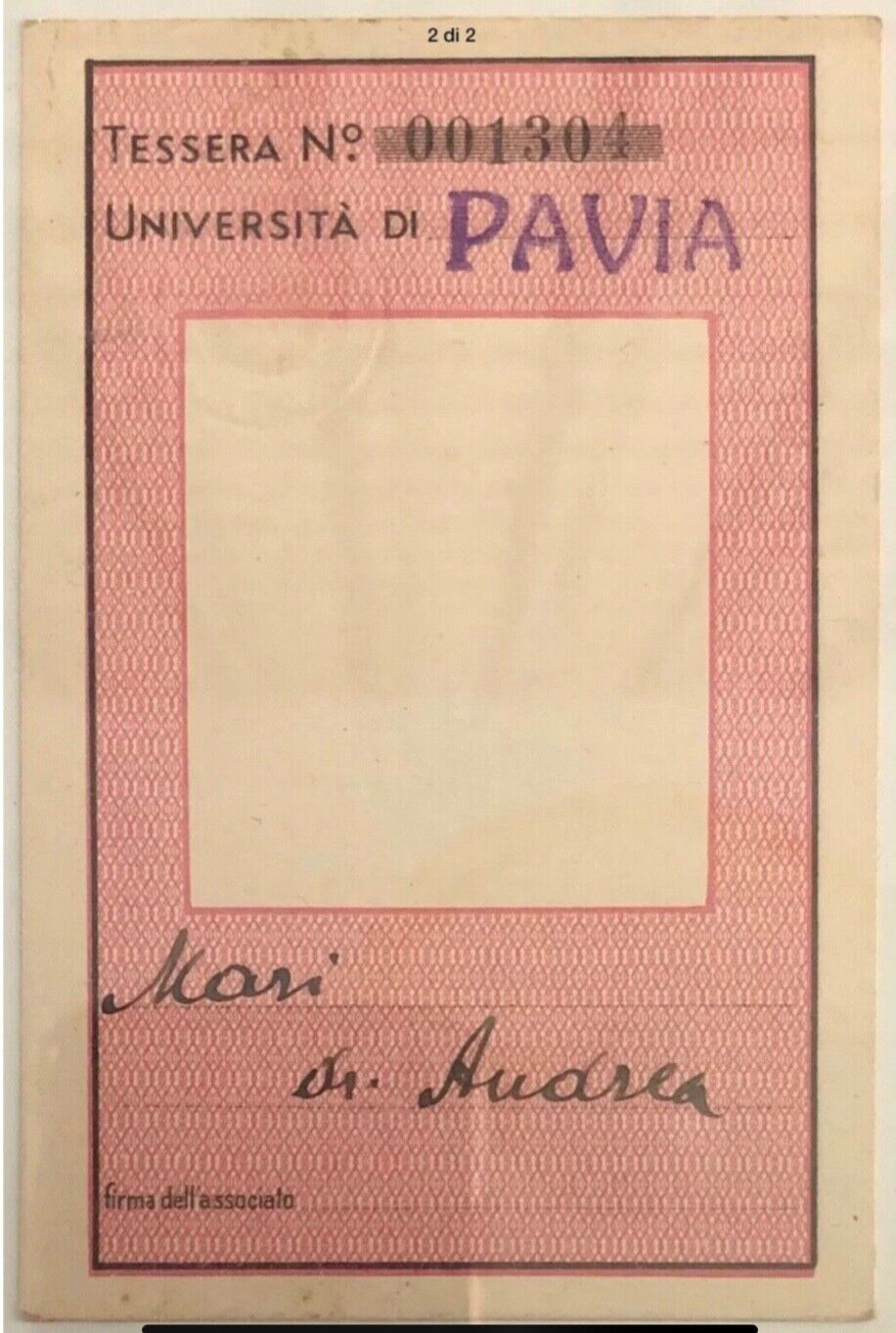 PAVIA ASSISTENTI UNIVERSITARI TESSERA A.XII° 1934 ASSOCIAZIONE DELLA SCUOLA