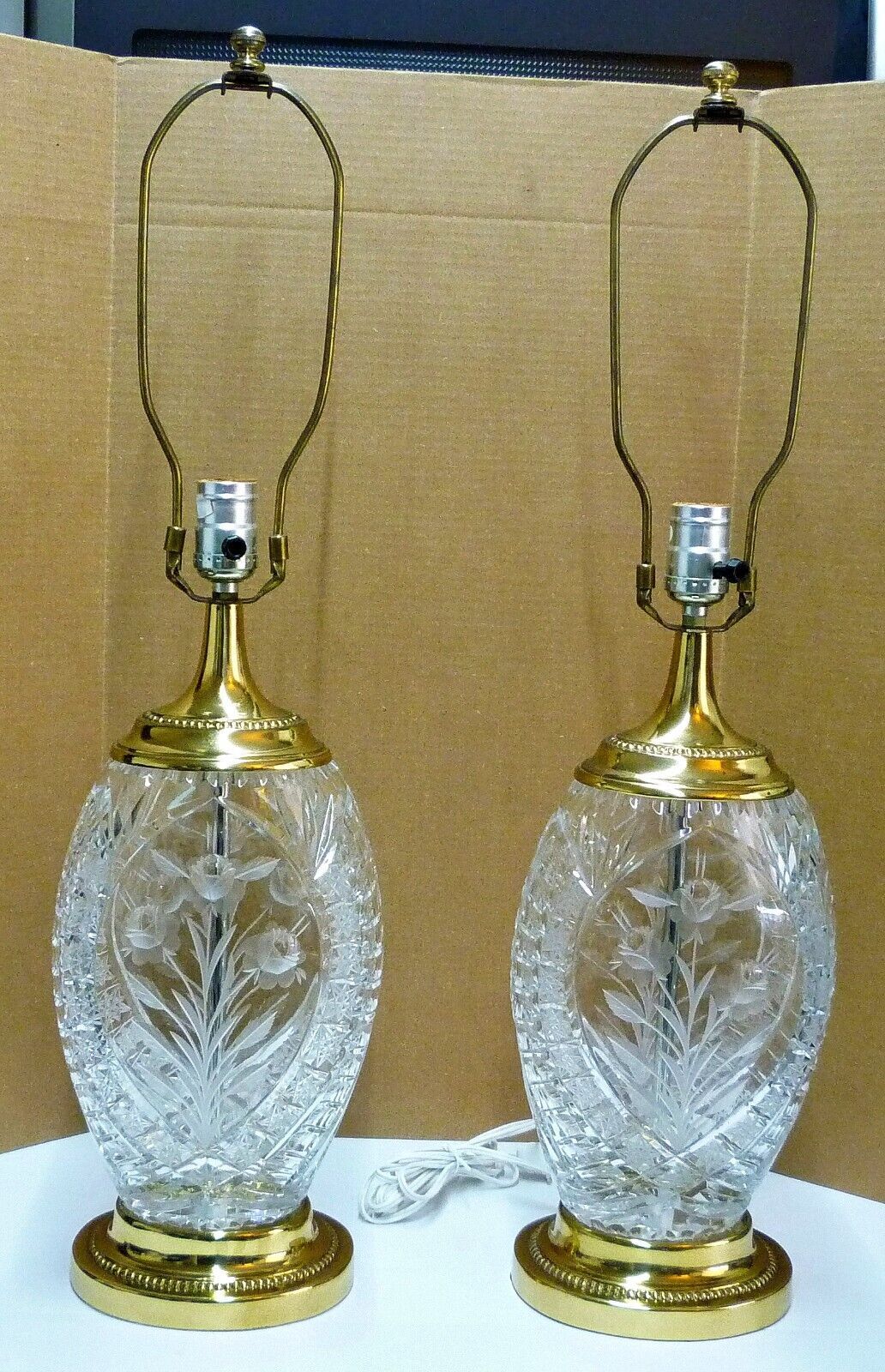 Exquisite Pair of Ornate, Vintage Floral Design Dresden Lead Crystal Table Lamps