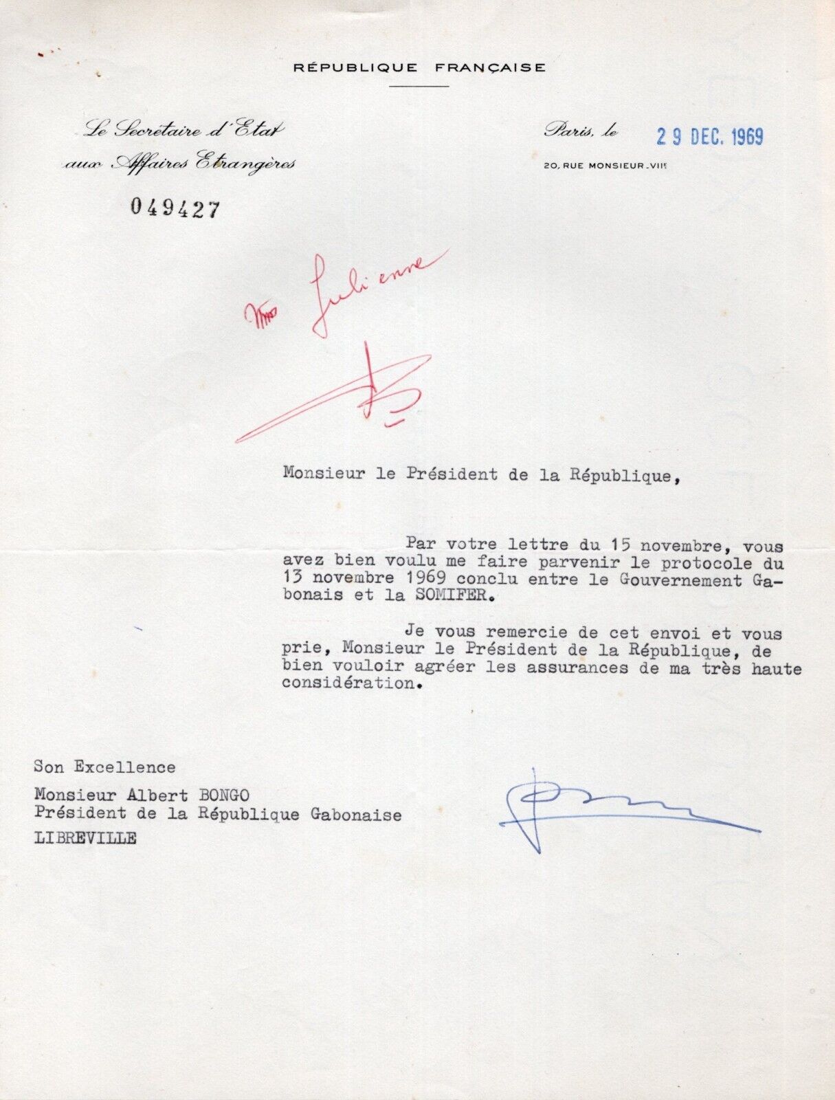 Yvon BOURGES State Secret Foreign Affairs Autograph w/letter typing