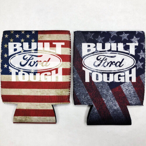 2 Ford Built Tough Fan Beer Can Cooler Coozie Koozie USA Flag Gift QTY 2
