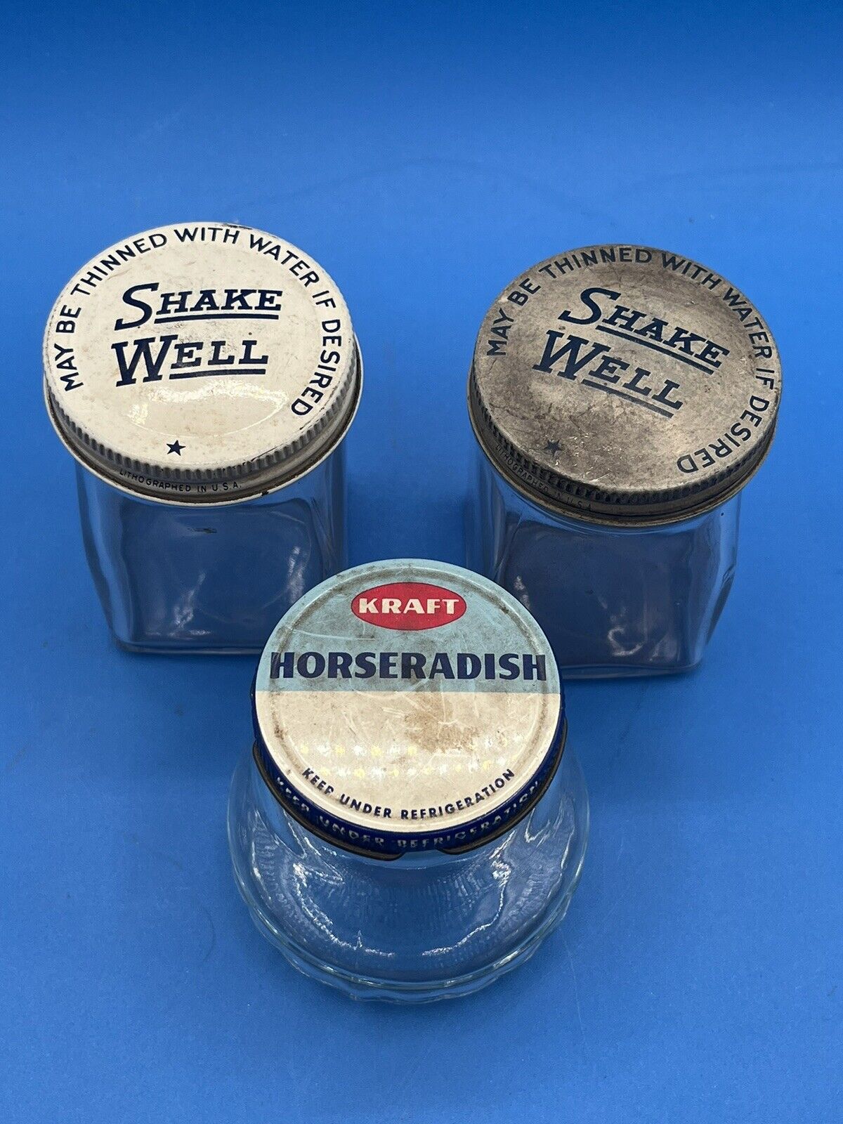 Lot 3 VTG Glass Jars Lids “Physicians Sample” “Kraft Horseradish” 
