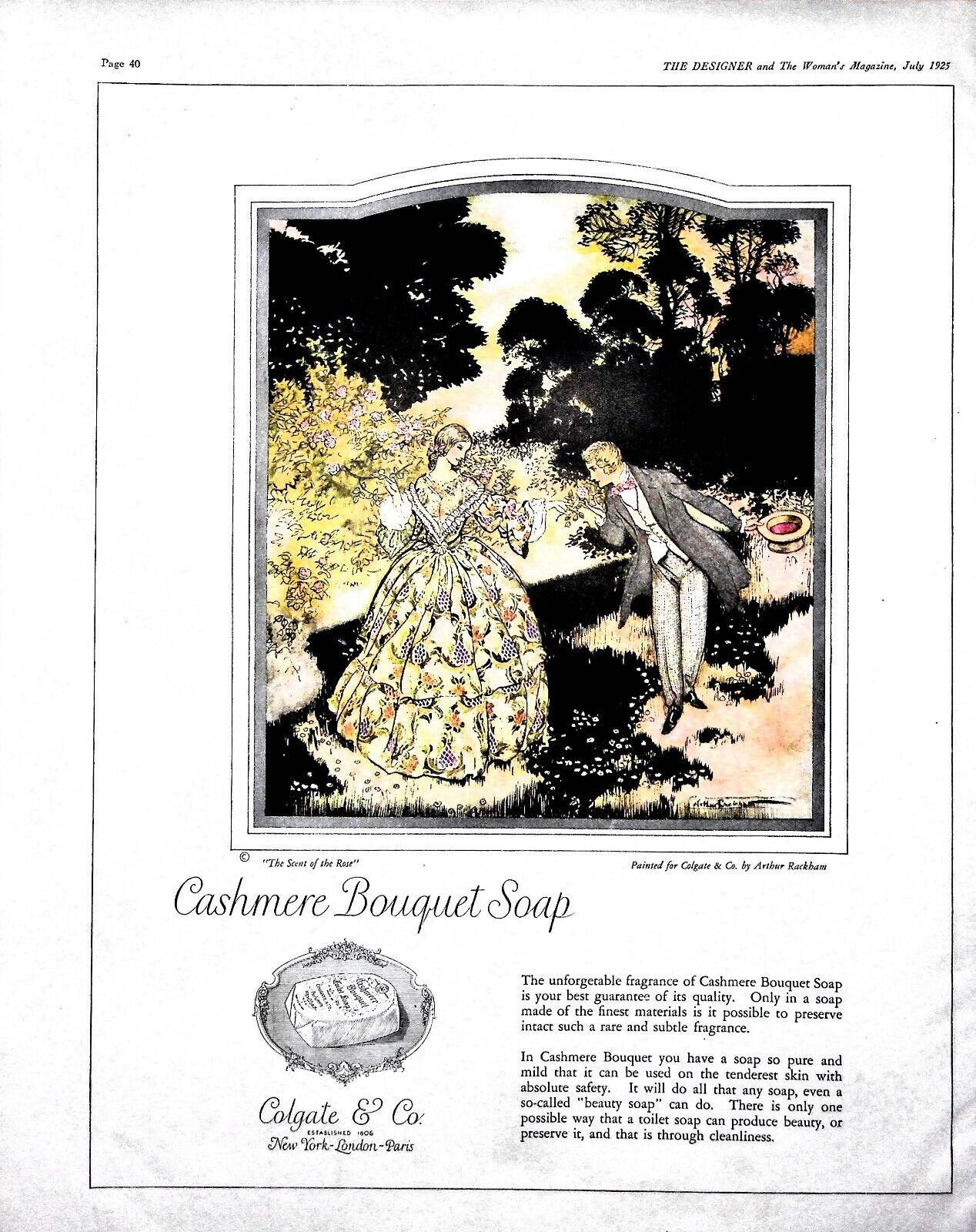Original 1925 Colgate & Co. Ad: Cashmere Bouquet Soap, courtship 
