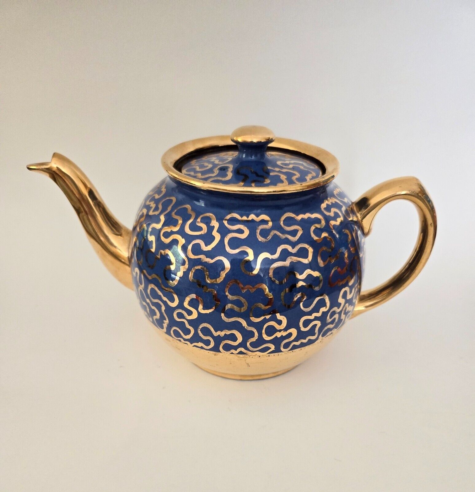 Vintage Sadler Teapot Blue Gold Two Tone Wave Design Made in England Retro