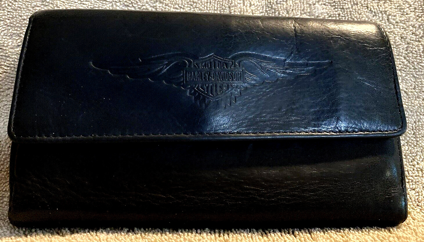 Vintage Genuine Leather HARLEY DAVIDSON Tri-fold Black Wallet Embossed Logo 