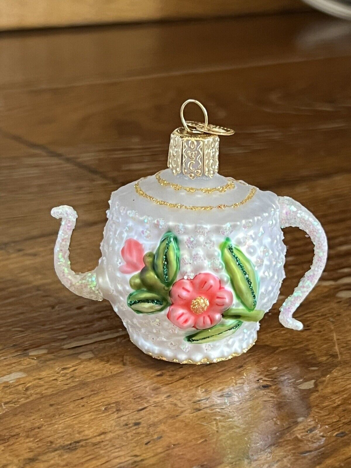 Old World Christmas Blown Glass Ornament Bumpy White Teapot with Pink Flower