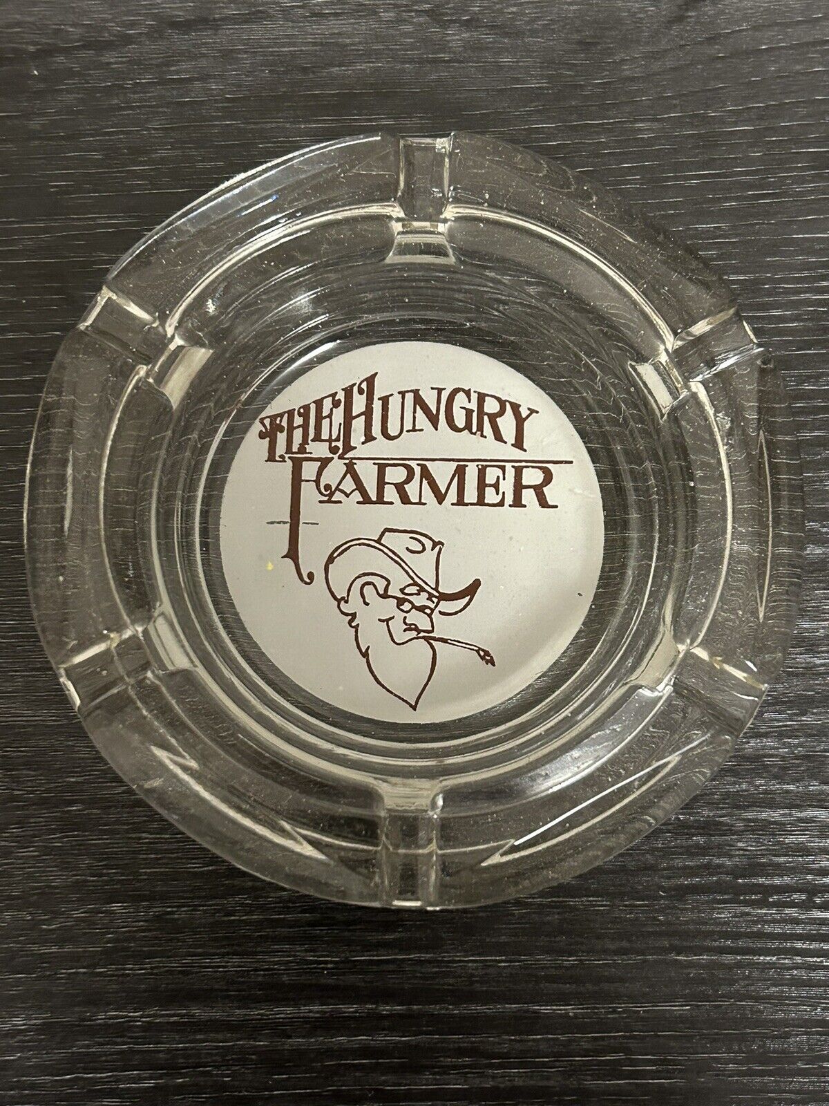 Vintage The Hungry Farmer Ashtray Glass