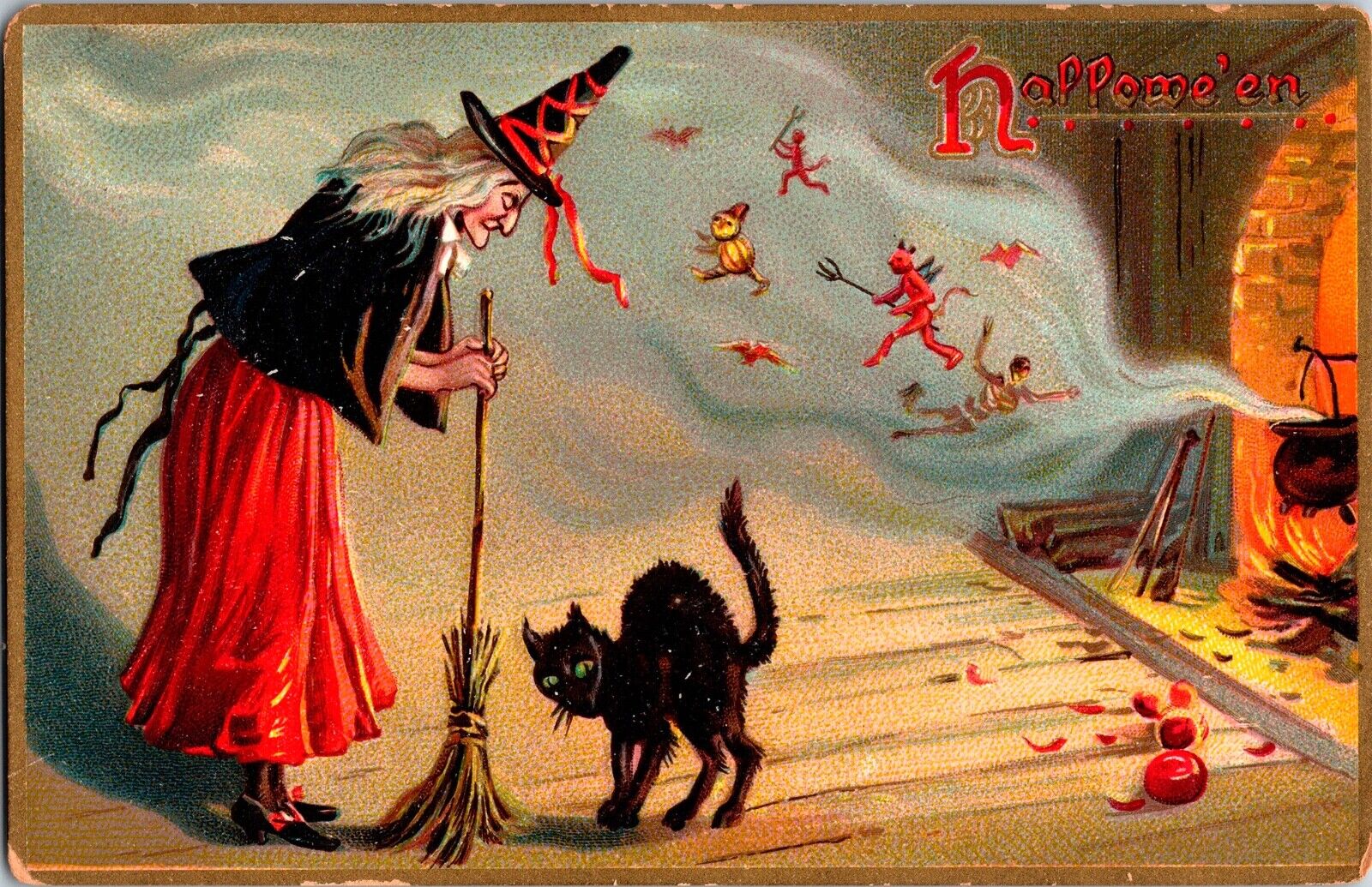 Vintage Tuck\'s Witch, Broom, Hat,Black Cat, Ghoul,Devil, Fire,Halloween Postcard