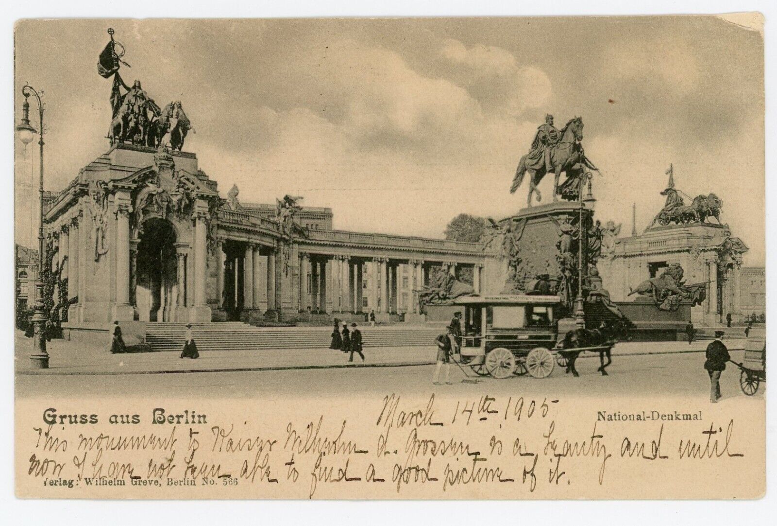 Gruss Aus Berlin Postcard From March 1905 National Monument, Mailed to Iowa