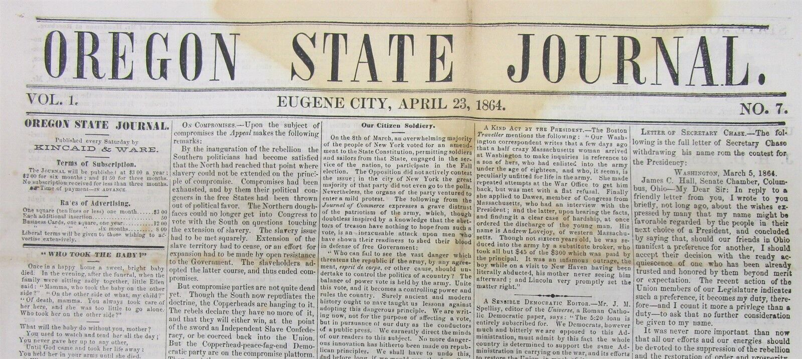 Rare original 1864 OREGON STATE JOURNAL newspaper Volume I # 7 issue EUGENE CITY