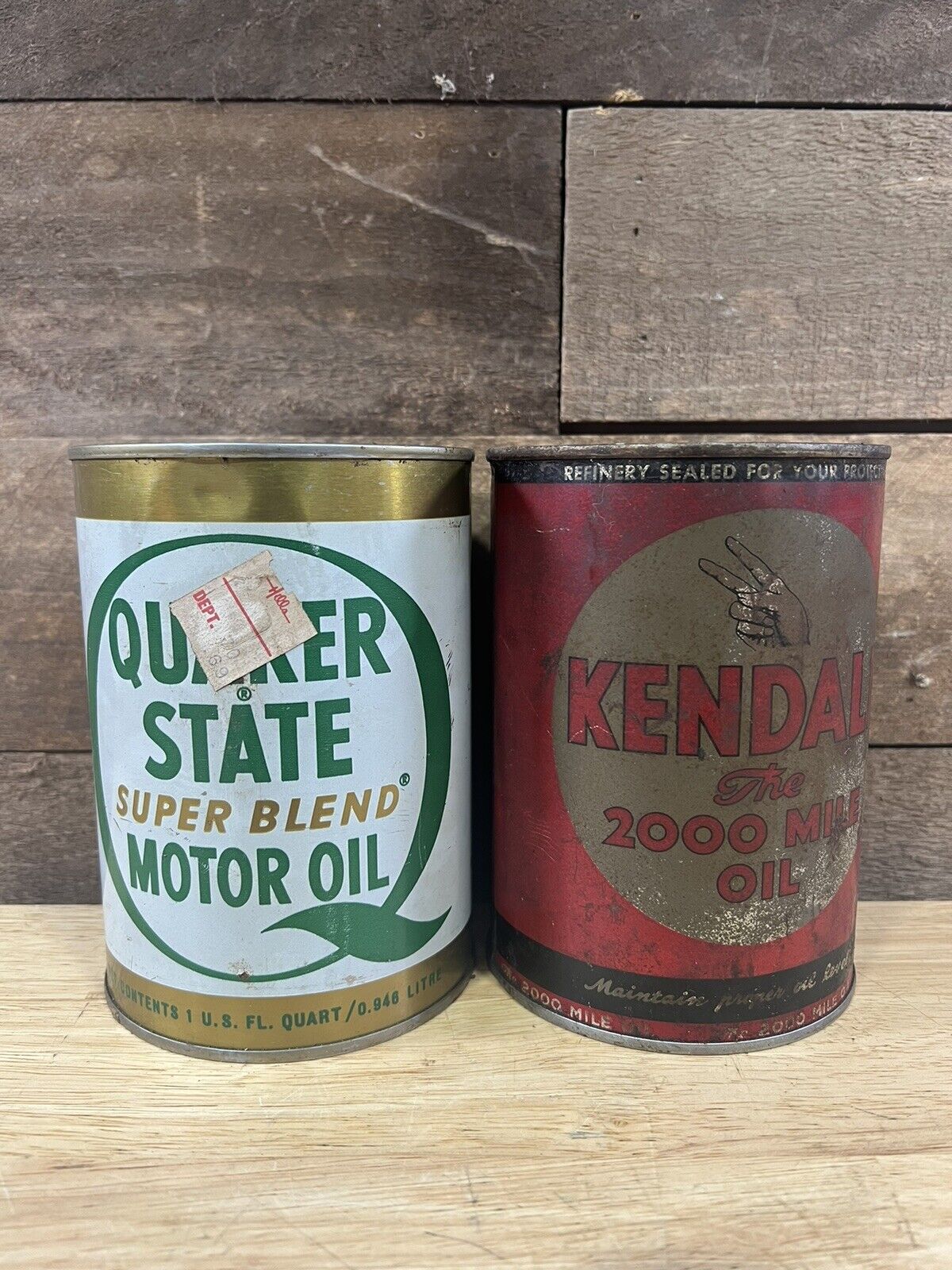 Vintage Pair Of Kendall & Quaker State Motor Oil Cans 1 Quart 