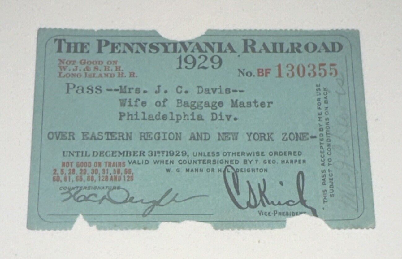 1929 Vintage Pennsylvania Railroad Ticket Stub Yearly Season Pass Badge Signed
