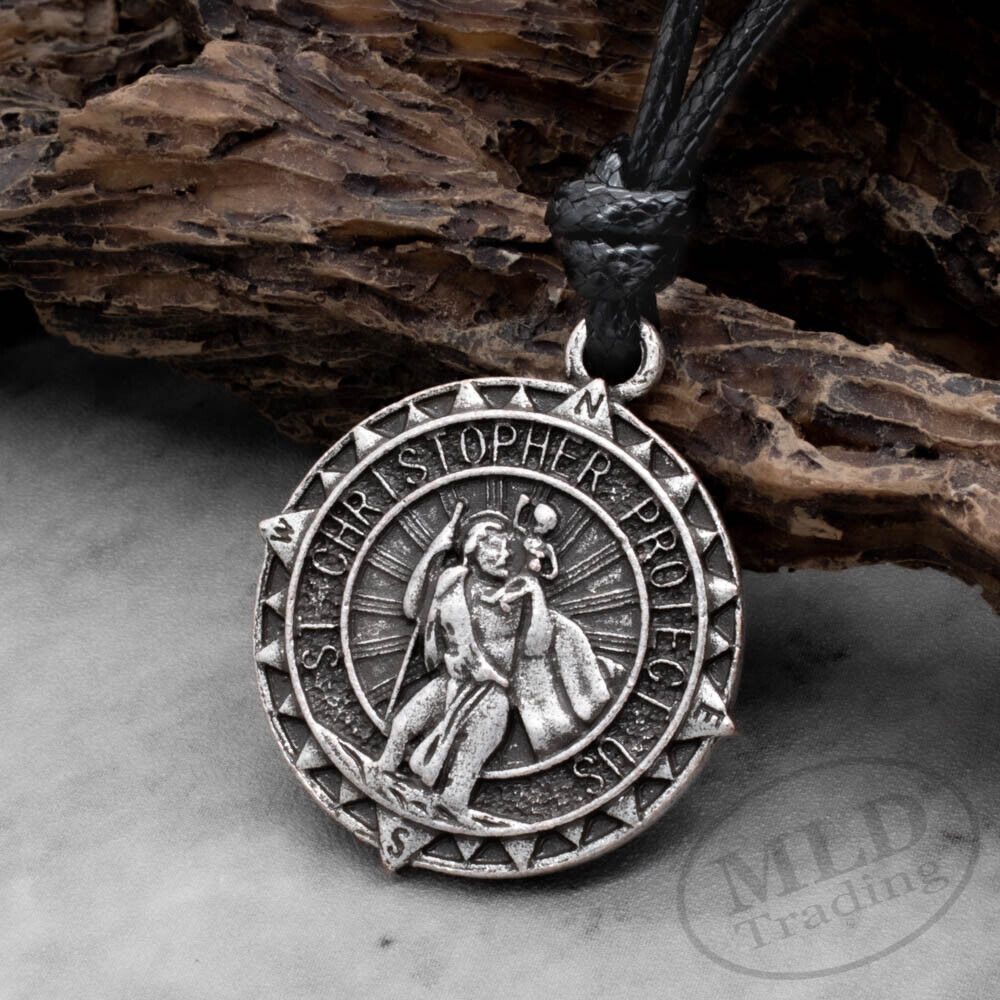 Saint St Christopher Medal Protect Us Heavy Compass Style Large Pendant Necklace