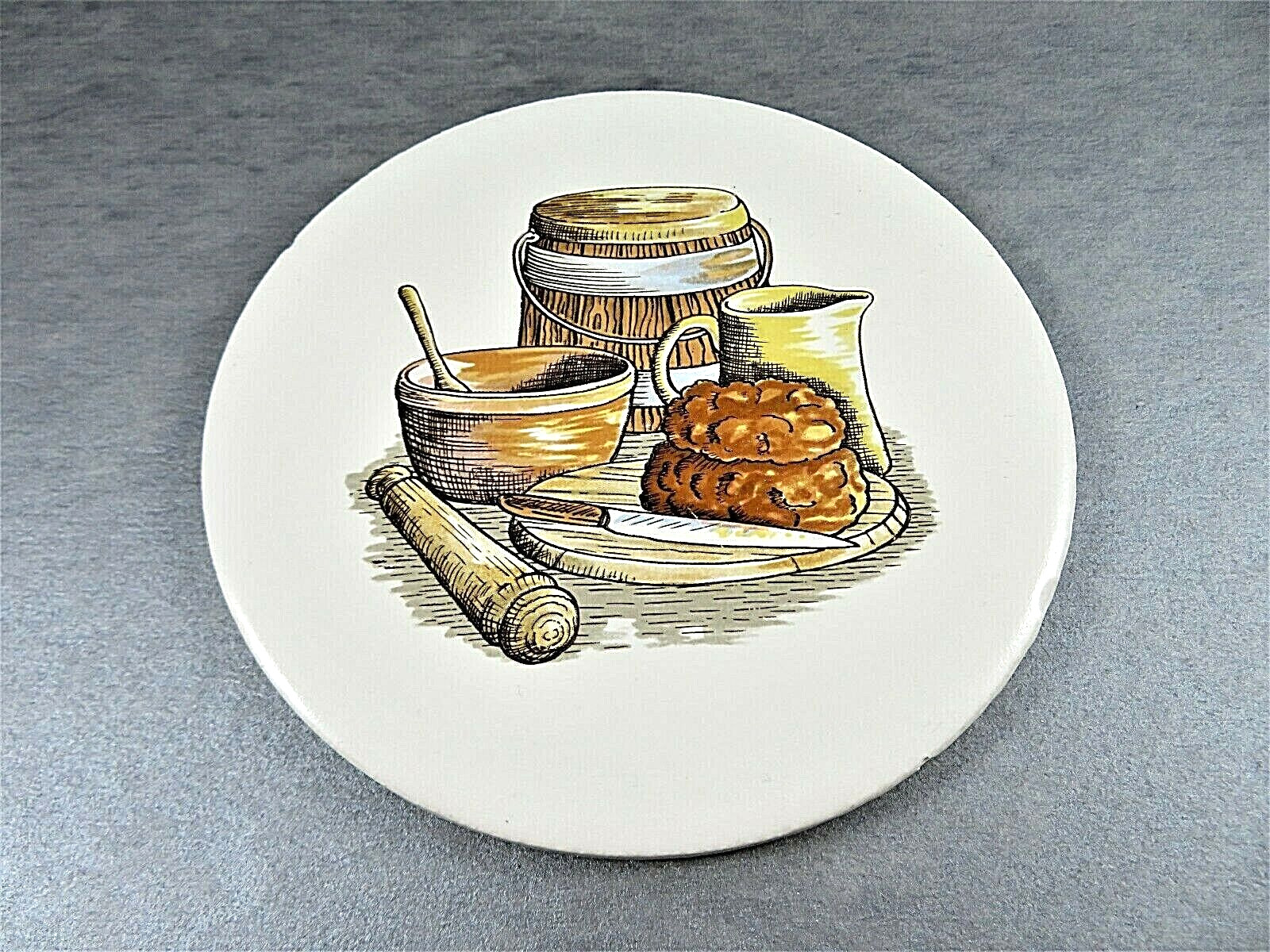 Vintage Round Ceramic Tile Cheese Trivet 1970s Baking Theme Felt Backing