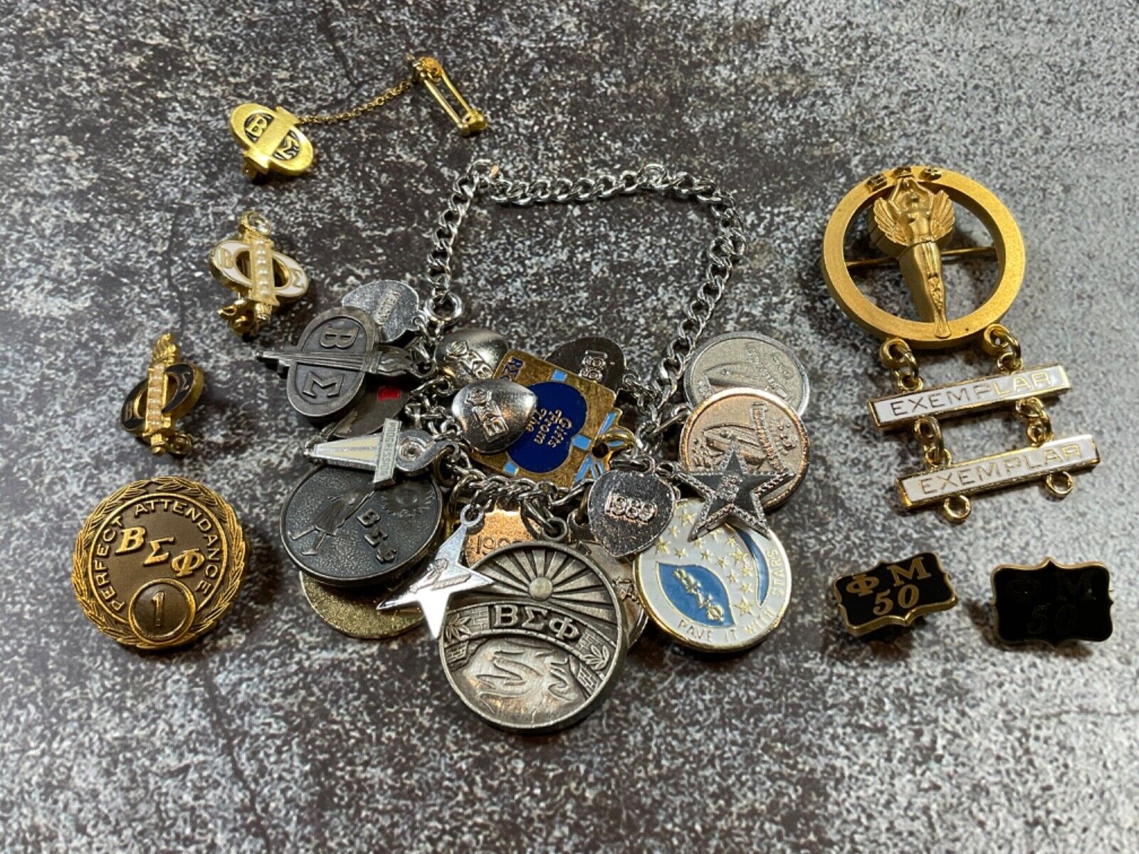 Vintage BETA SIGMA PHI Charm Bracelet & 22 Charms & 7 Pins