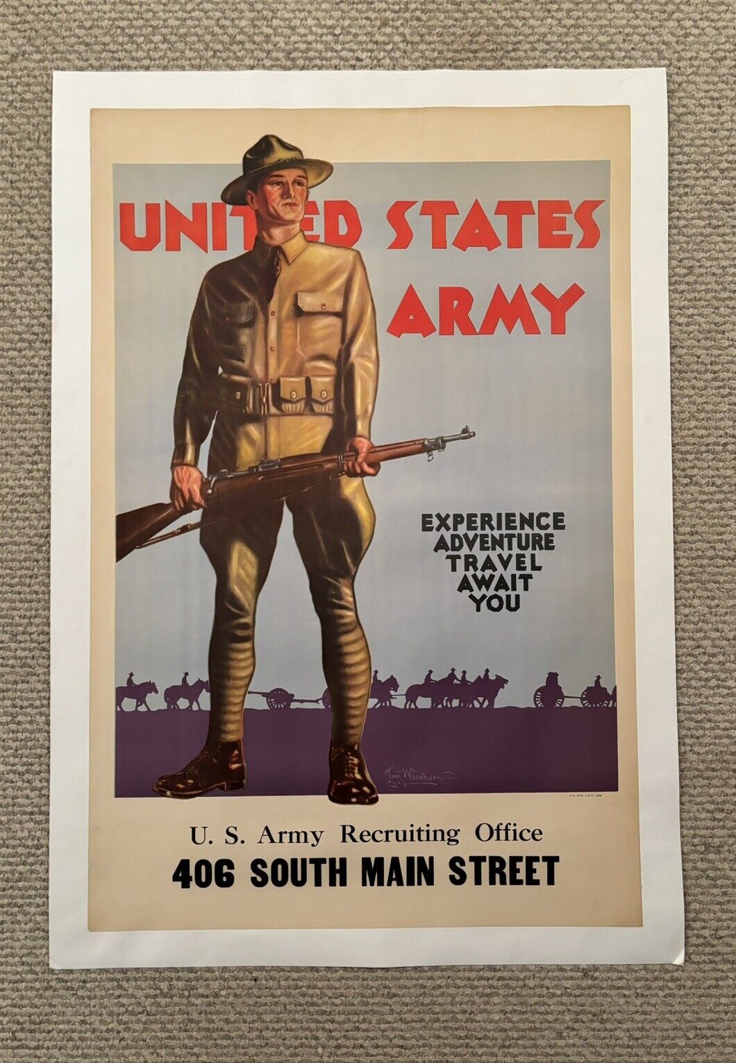 Original Post WWI Pre WWII Poster United States Army Experience Adventure Linen