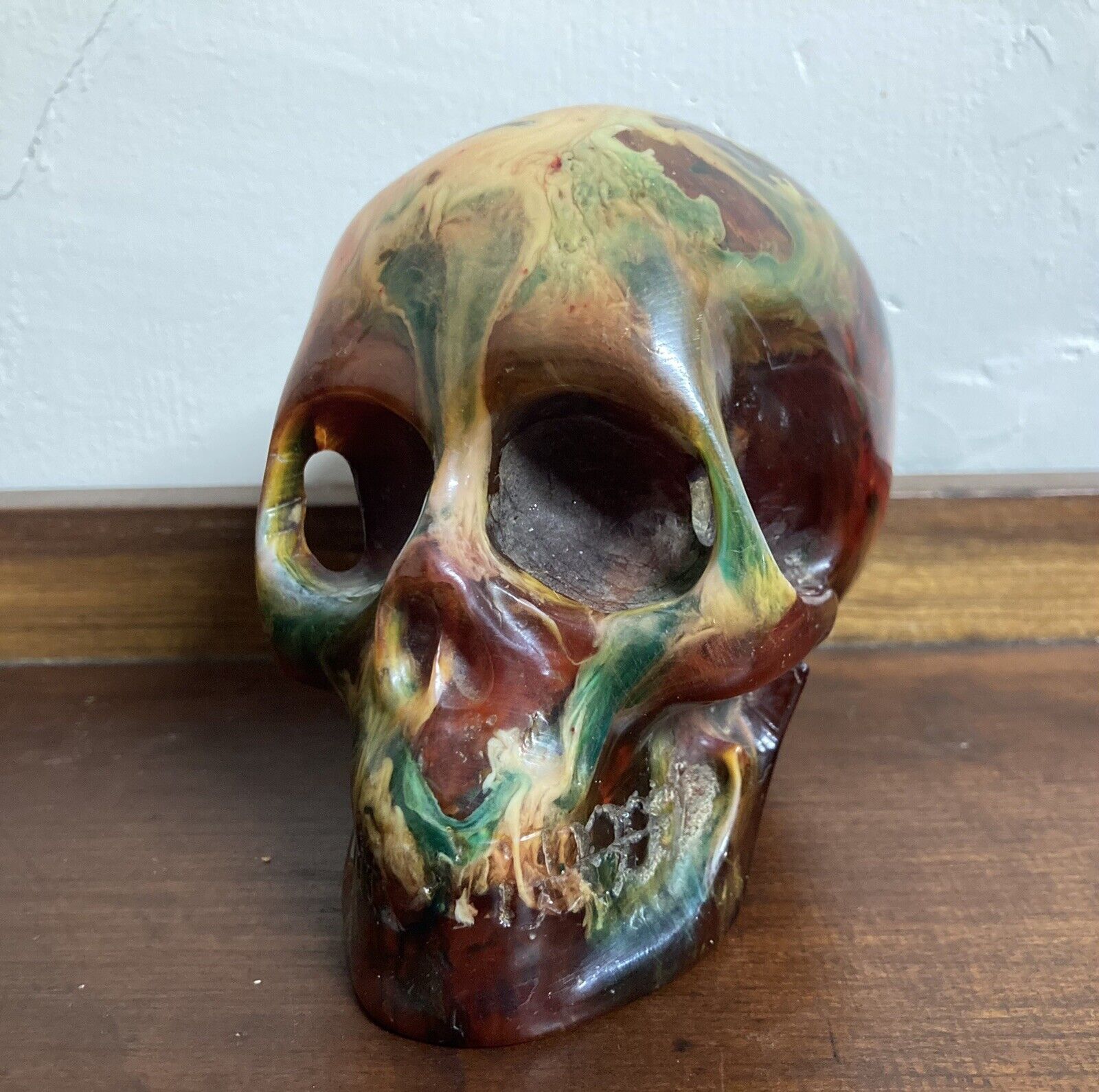 Vintage Carved Bakelite Skull “End of Day” Sculpture Red Swirl 1930s - Glows