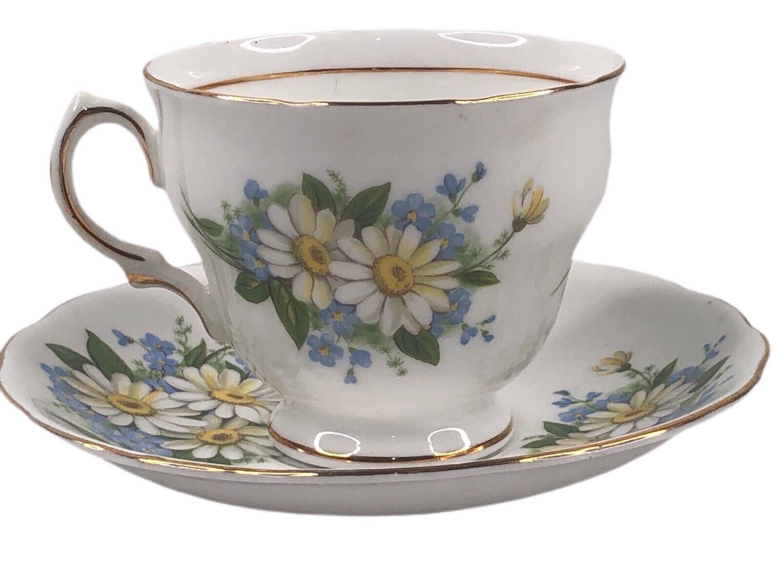 Colclough English Cup & Saucer White Daisy 22K Gold Trim Marked Footed 
