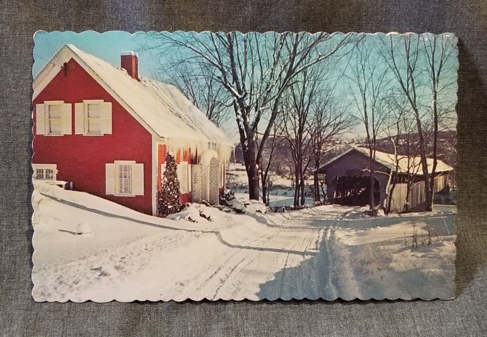 LMH Postcard GREEN RIVER Covered Bridge New England Winter Town Lattice Truss