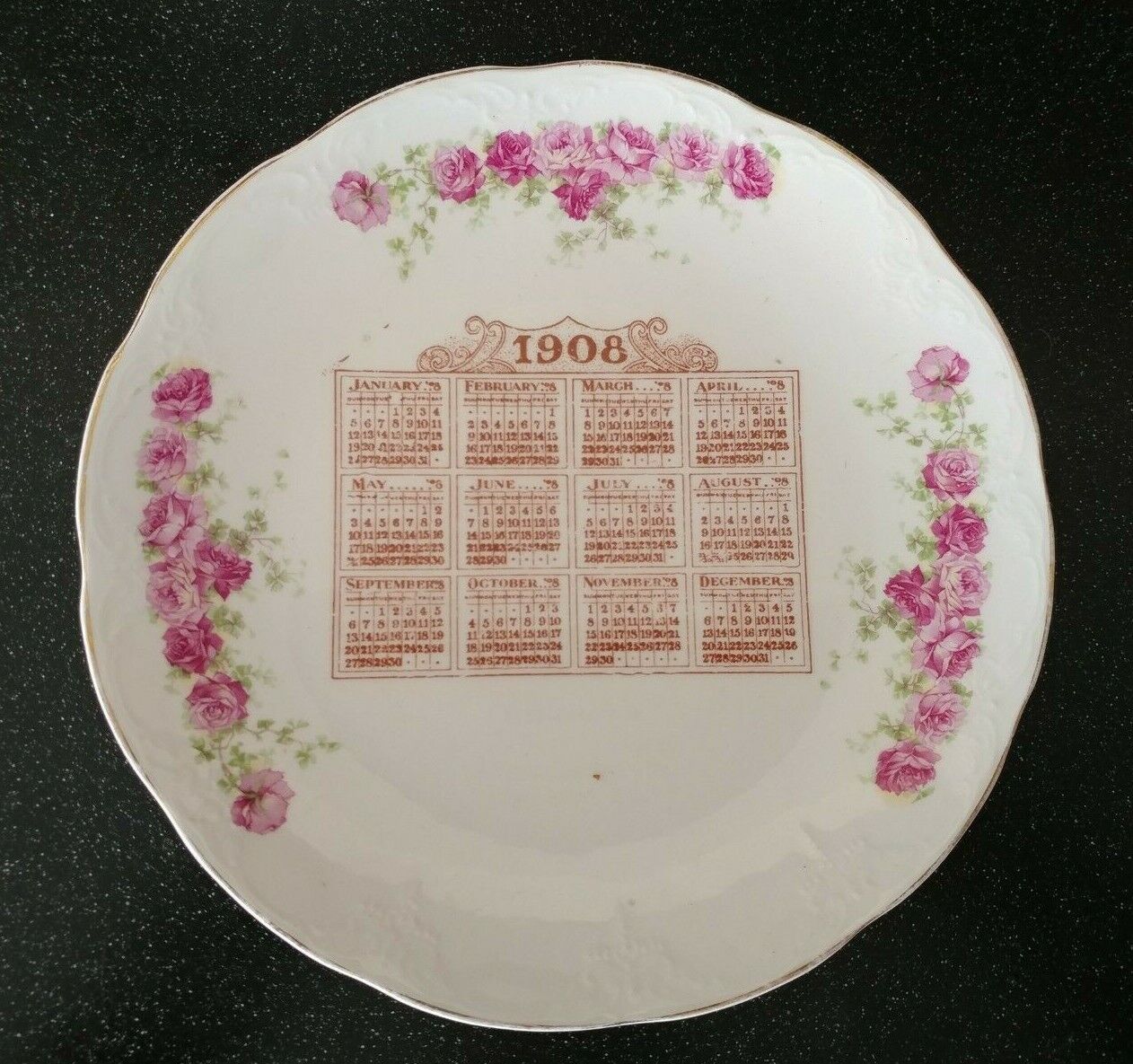 Antique N.C. Co  1908 CALENDAR PLATE PINK ROSES NATIONAL CHINA Company