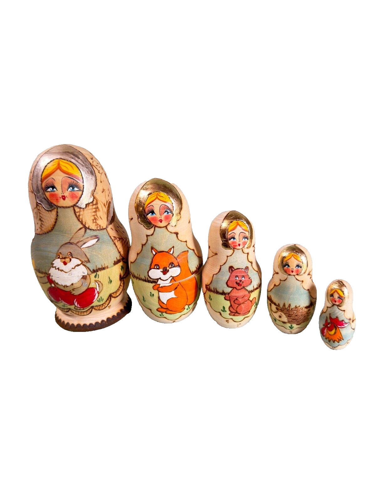 Vintage 5 Piece Russian Matryoshka Country Animals Nesting Doll Metallic Accents