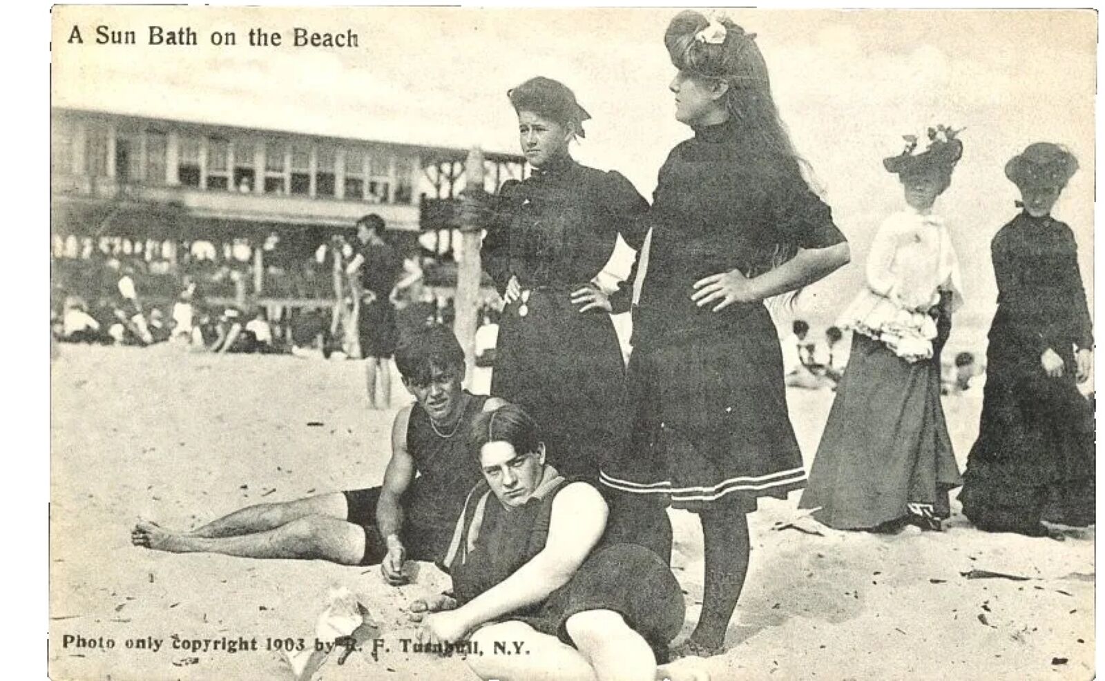 Antique Postcard B&W Photo Bathing Costumes & Elegantly Dressed on Beach  1910
