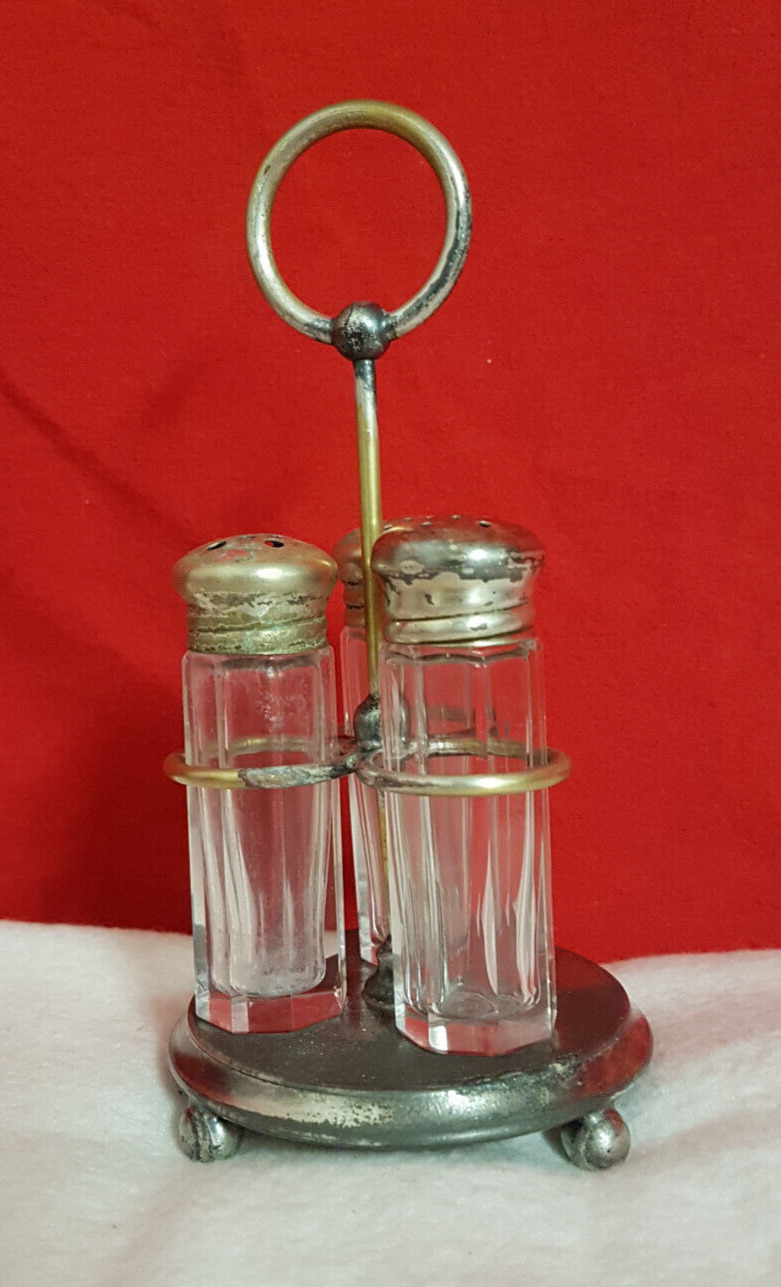 Antique 3 Shaker Caster. Individual Server. Made in USA. Cut Glass. Silverplate.