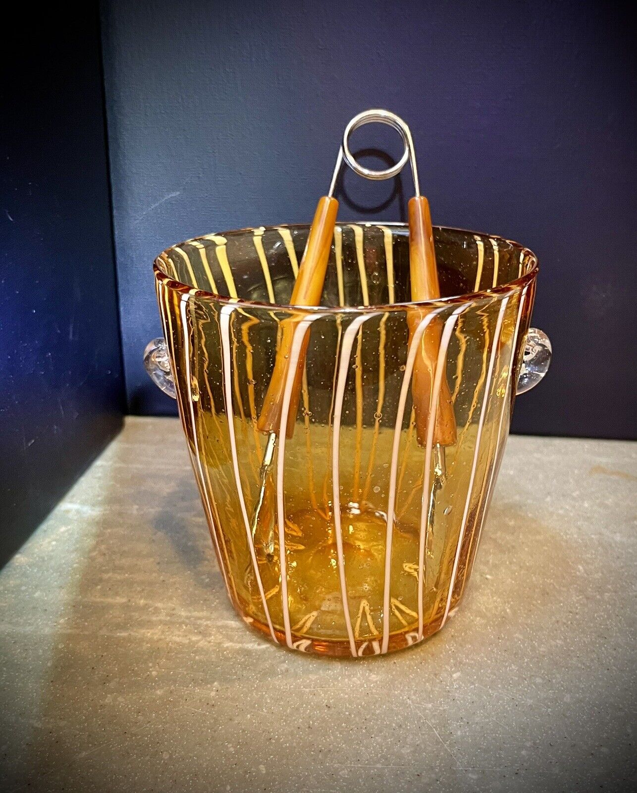 Venini Disaronno Blown Art Glass Mid Century Ice Bucket And Tongs