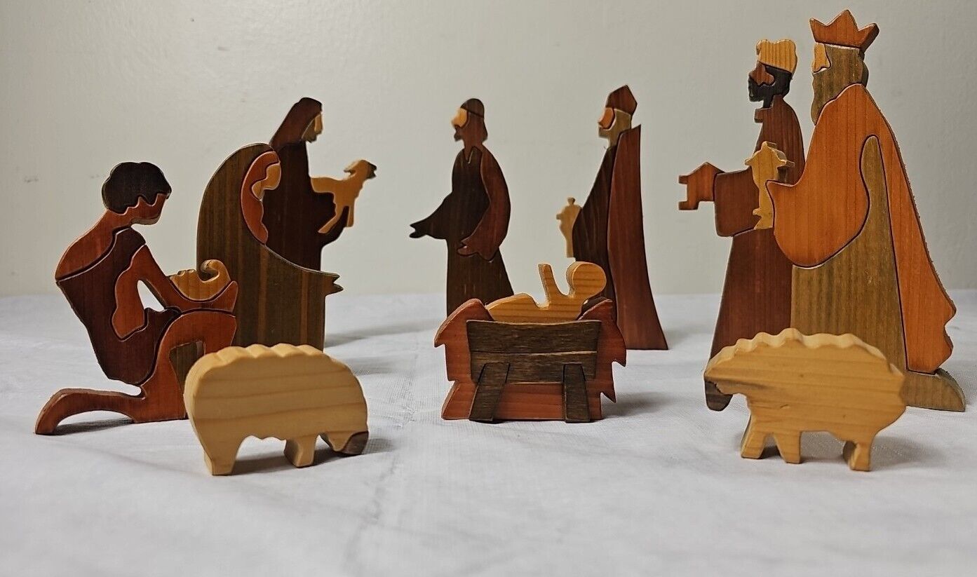 Vintage Handmade Wooden Nativity Christmas Figures Set