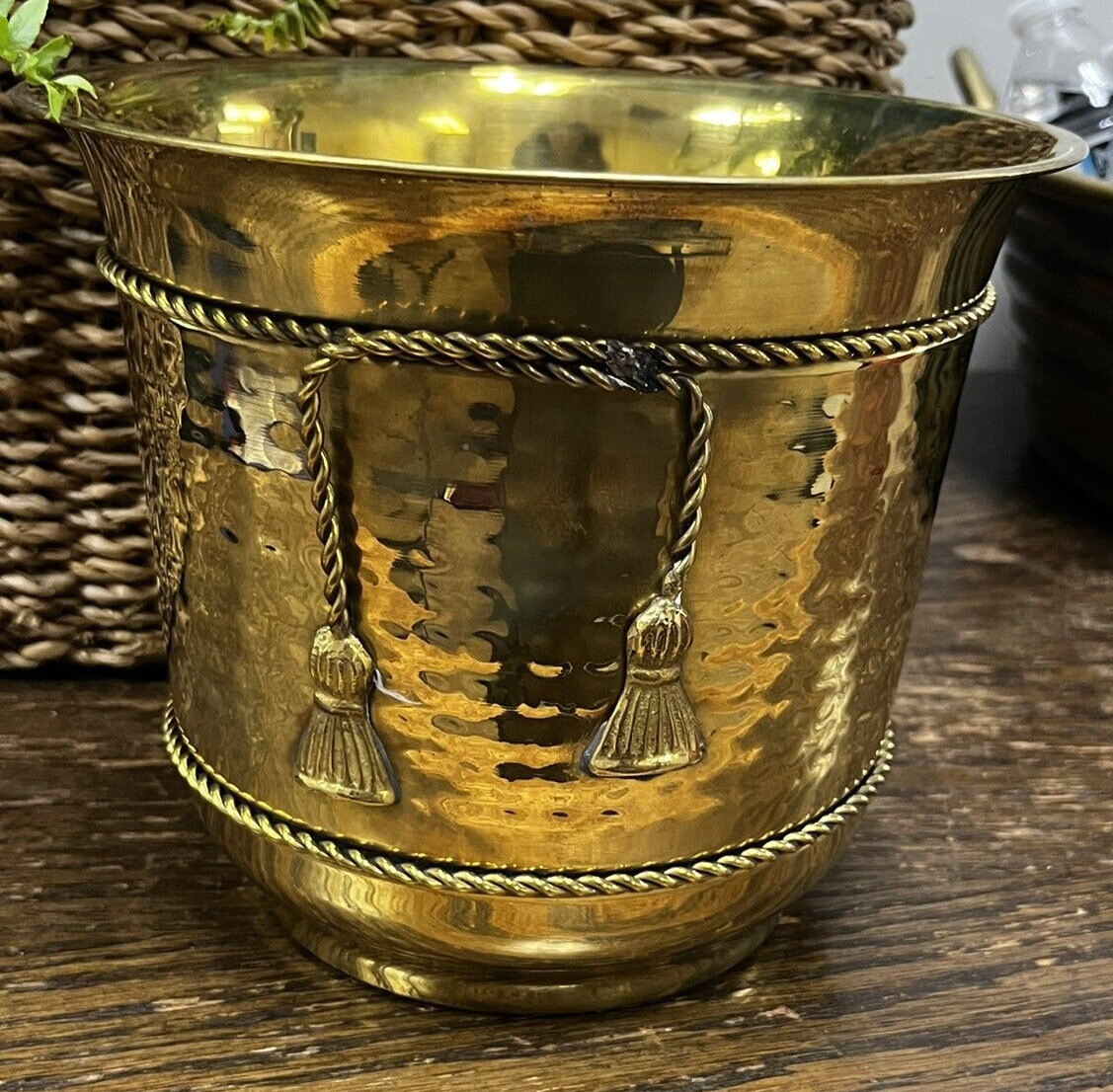 New Solid Brass Hammered Rope & Tassel Planter or Pot 7\