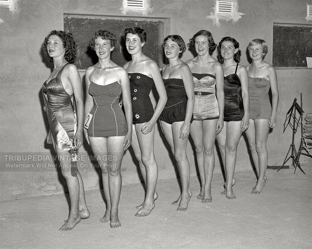 Vintage 1954 Photo - Seven Young Women Beauty Contestants in Bathing Suits 